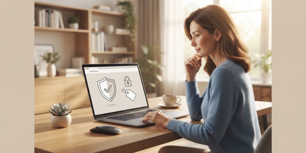 Pessoa verificando a segurança de uma loja antes de comprar online
