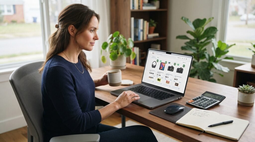 Pessoa pesquisando preços e comparando ofertas para economizar nas compras online em 2026