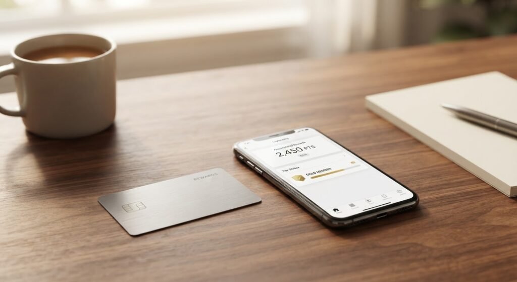 Cartão de crédito e celular exibindo programa de pontos acumulados para economizar em compras online