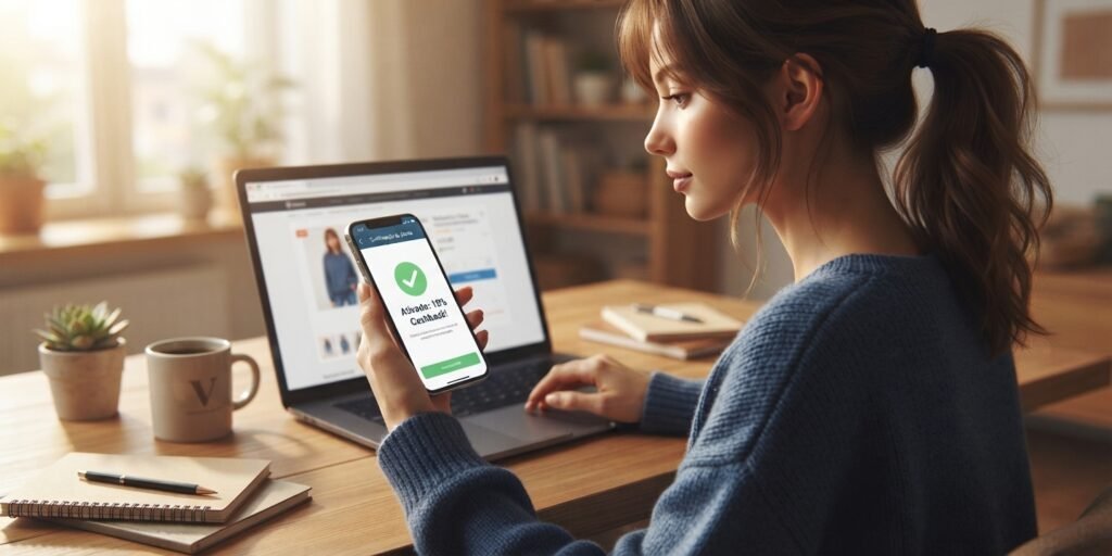 Consumidora utilizando aplicativo de cashback no celular enquanto pesquisa ofertas no computador