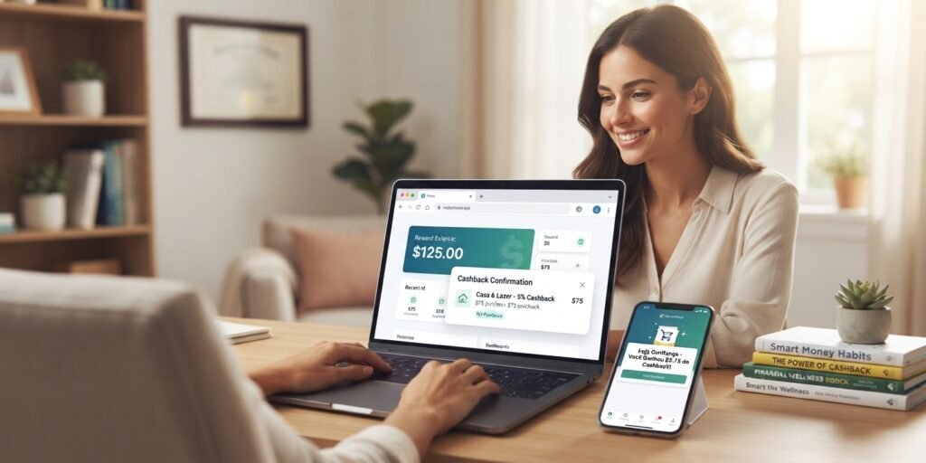 Consumidora utilizando laptop para verificar saldo de cashback e pontos acumulados em compras online