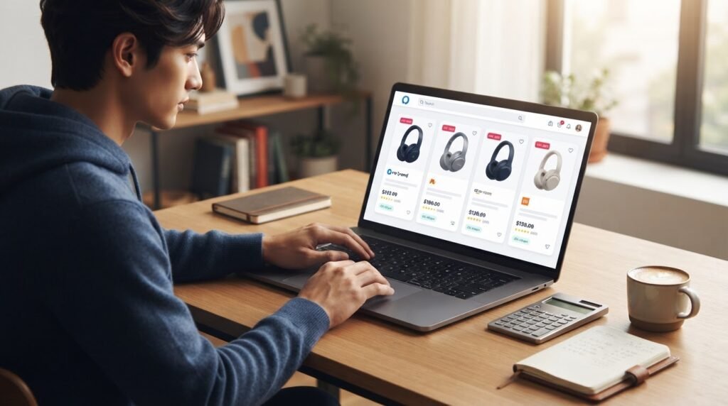 Consumidora utilizando computador e calculadora para comparar preços de produtos em diferentes lojas online