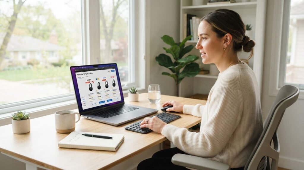 Pessoa usando comparadores e sites de pesquisa de preços no computador para economizar em compras online.