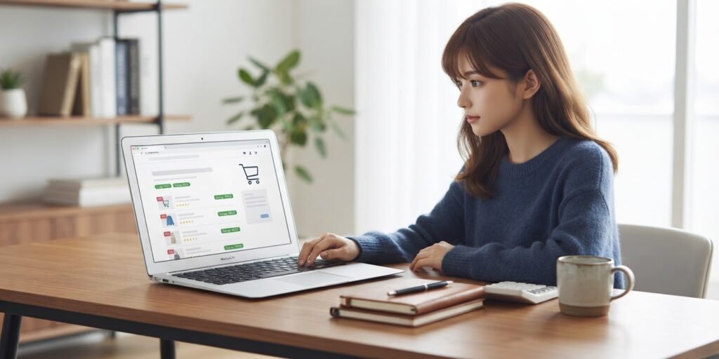 Consumidora utilizando computador para fazer compras online planejadas e economizar dinheiro