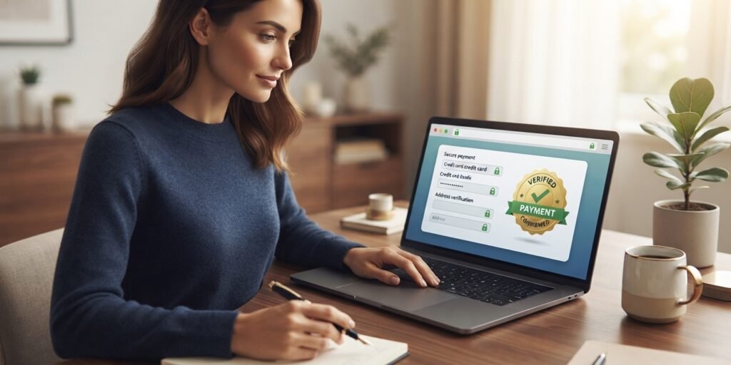 Consumidora realizando compra online segura no computador com verificações de segurança e confirmação de pagamento