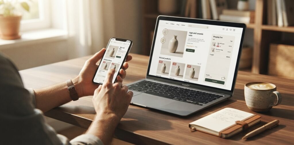Consumidora utilizando celular e computador para aplicar cupons de desconto e cashback em compras pela internet