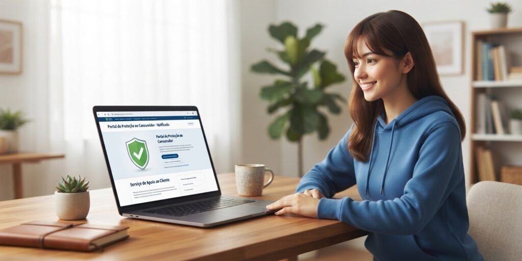 Consumidora tranquila utilizando canais de defesa do consumidor para resolver problemas em compras pela internet