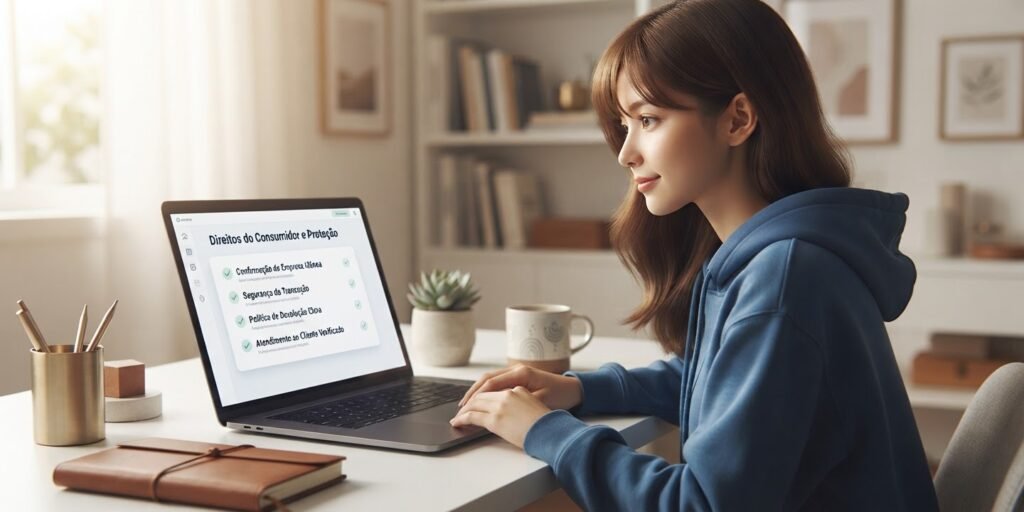 Consumidora informada pesquisando seus direitos em compras online no computador