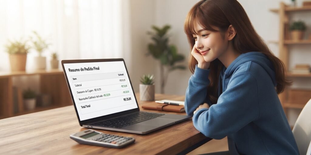 Consumidora analisando desconto final com cupons e cashback