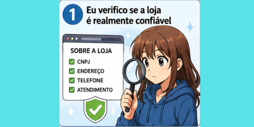 Ilustração mostrando o passo a passo para verificar se uma loja online é confiável conferindo CNPJ, endereço e atendimento