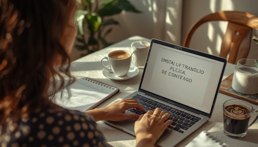 Pessoa criando conteúdo no computador como possibilidade de renda extra em casa