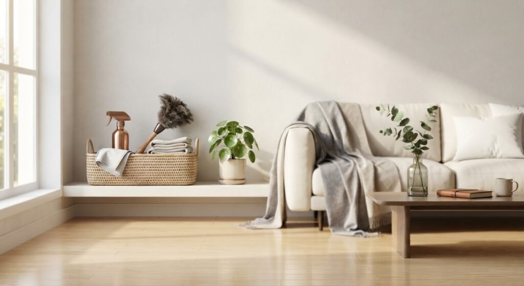 Casa limpa e organizada com produtos baratos de limpeza