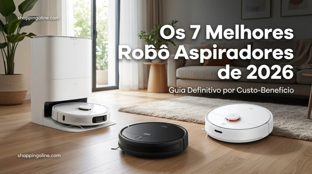 Três modelos de robôs aspiradores em uma sala de estar moderna e iluminada, com o texto Os 7 Melhores Robôs Aspiradores e a marca shoppingoline.com
