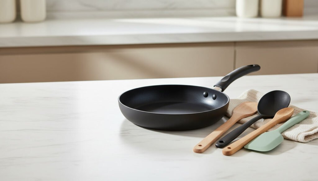 Utensílios de silicone e madeira indicados para usar em panela de cerâmica antiaderente