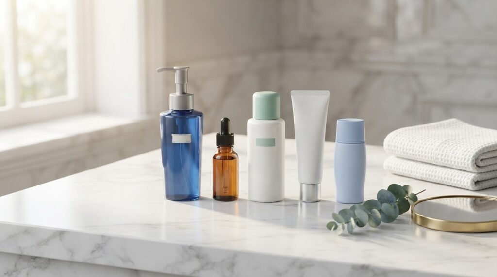 Rotina de skincare para iniciantes com produtos básicos para limpar, tratar, hidratar e proteger a pele