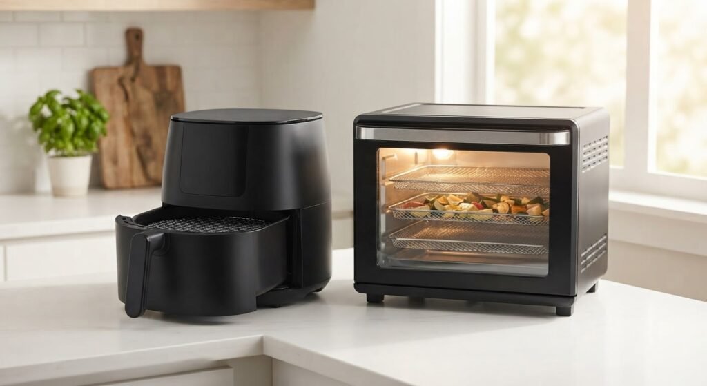 Comparativo visual entre air fryer tradicional de cesto e modelo oven com prateleiras em bancada de cozinha