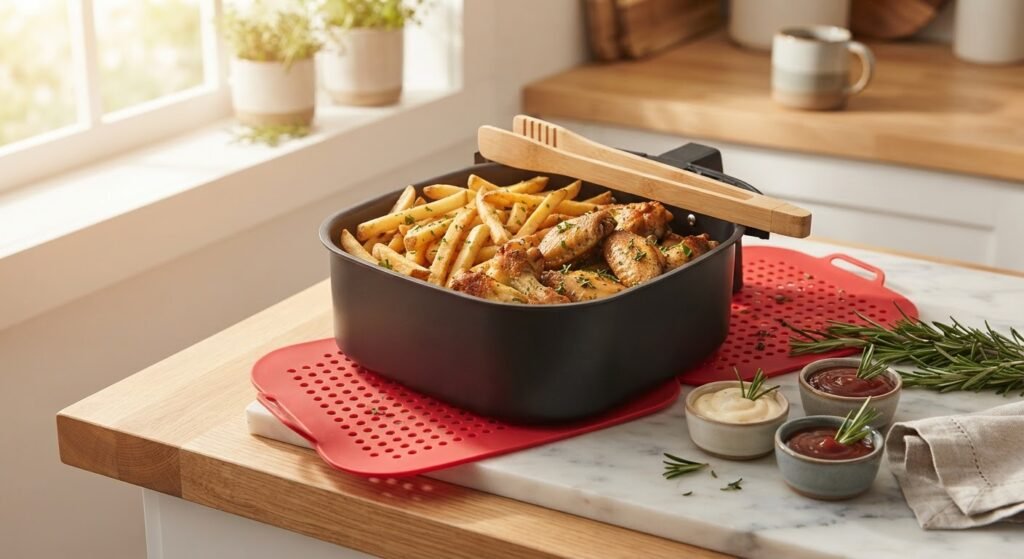 Alimentos crocantes e dourados preparados na cesta da air fryer com pegador de silicone ao lado