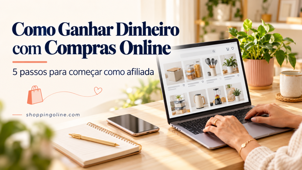 Imagem sobre como ganhar dinheiro com compras online, com mãos usando um notebook e o texto “5 passos para começar como afiliada