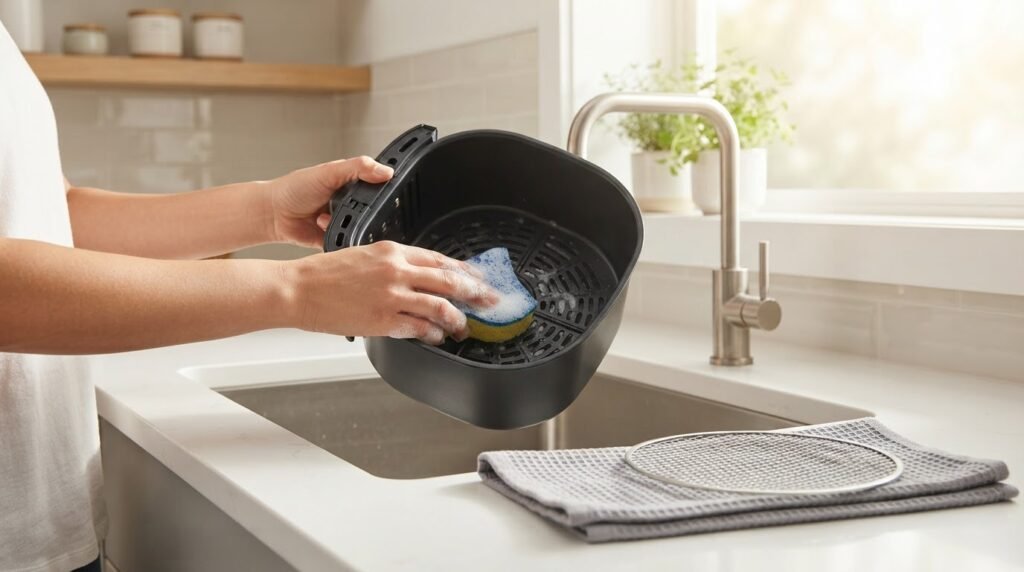 Limpeza correta da air fryer com esponja macia para proteger o revestimento antiaderente