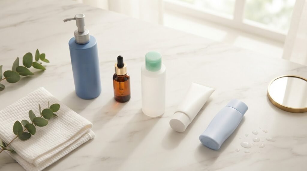 Produtos de uma rotina de skincare para iniciantes dispostos em sequência: gel de limpeza, sérum, tônico, creme hidratante e protetor solar